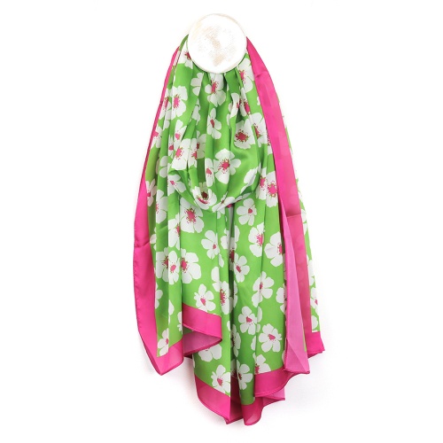 Silky Green Pansy Print Scarf with Pink Border by Peace of Mind